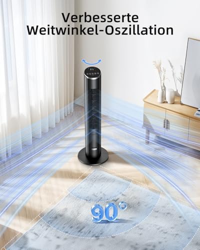 Leiser Turmventilator für Schlafzimmer, Standventilator mit Fernbedienung, 90° oszillierend, 4 Geschwindigkeiten 3 Modi 12H Timer LED-Anzeige, 91 cm Elektrischer Kühlventilator, Schwarz