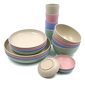 24Pieces Wheat Straw Dinnerware Set, Lightweight Plates Bowls Cups Dishes Set, Unbreakable Tableware Set for Picnic Party BBQ Camping (24pcs)