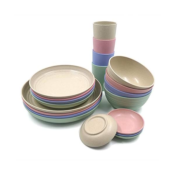 24Pieces Wheat Straw Dinnerware Set, Lightweight Plates Bowls Cups Dishes Set, Unbreakable Tableware Set for Picnic Party BBQ Camping (24pcs)