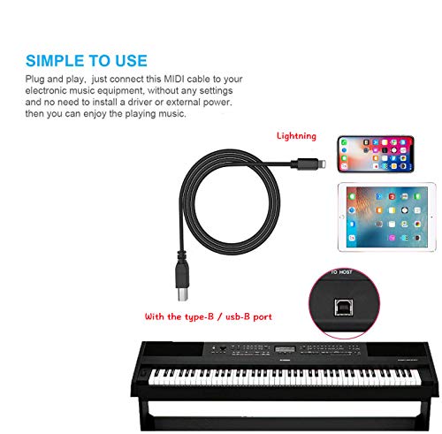 Phone to MIDI Cable,Aoiutrn USB 2.0 OTG Type B Musical Instrument Midi Adapter Cord Compatible with iPhone 11 Pro / 11 /XS/Max/X/8/7 to Electric Piano,Midi Keyboard,Audio DAC and More (Black)