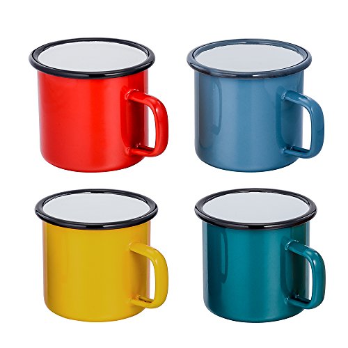 TeamFar Tea Coffee Mug Set of 4, Enamel Drinking Mugs Cups for Home Use/ Office/ Party or Camping, Bright Colors and Classic Look - 12 ounce