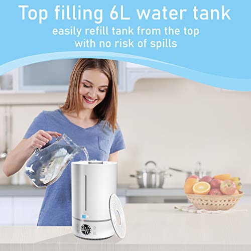 Upgraded 2020 Top-Fill 6L Cool Mist Large Humidifier for Home - 360Â° Humidifiers for Large Room, Bedroom, Basement - Easy to Clean & Fill - Auto Off, For Whole Home, Quiet for Babies, Kids (White)