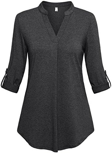 Tunic Shirts for Women 3/4 Sleeve, Sinmy Juniors Cuffed Sleeve V-Neck Curved Hemline Pullover Top T-Shirt Blouse Large Black