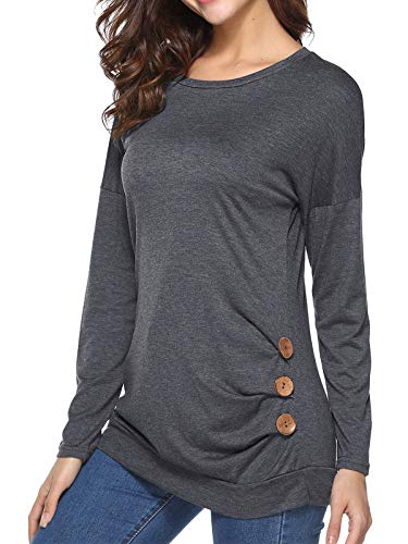 Women\'s Button-Down Pleated T-Shirt Round Neck Tops Casual Tunics Long Sleeve Blouse Grey XL