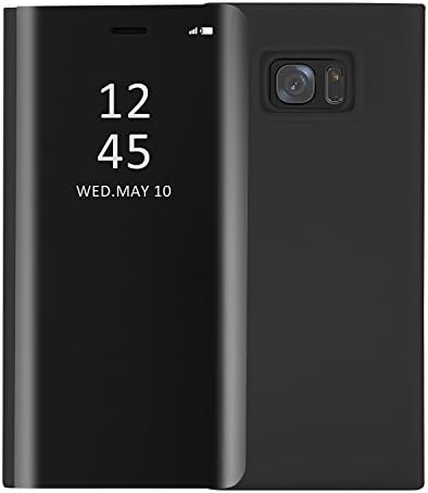 Mupoo Samsung Galaxy S7 Edge Case, Luxury Smart Clear View Window Metal Electroplate Plating Stand PC Mirror Flip Folio Case Full Body Shockproof Protective Cover for Galaxy S7 Edge-Black