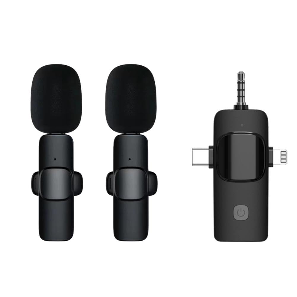 Mokeum Three in one wireless lavalier microphone plug and play for iPhone, Android, and camera, with built-in noise reduction chip for video recording, live streaming, interviews, YouTube, Vlog