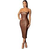 XLLAIS Women Sexy Strapless Tube Top Club Midi Dress Off Shoulder Bodycon Party Faux Leather Dress