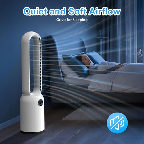 Bladeless Tower Fan, 90CM Tower Fan with Remote & LED Display, 24 Speeds & 12H Timer 90° Oscillating Pedestal Fan Cooling Bladeless Fan, Low Noise Standing Fan for Indoor, Bedroom, Home, Office