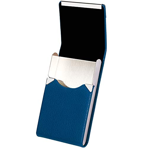 Business Card Holder Case - JuneLsy Professional PU Leather Business Card Case Metal Name Card Holder Pocket Business Card Carrier for Men & Women with Magnetic Shut (Blue-y) - Thumbnail 3