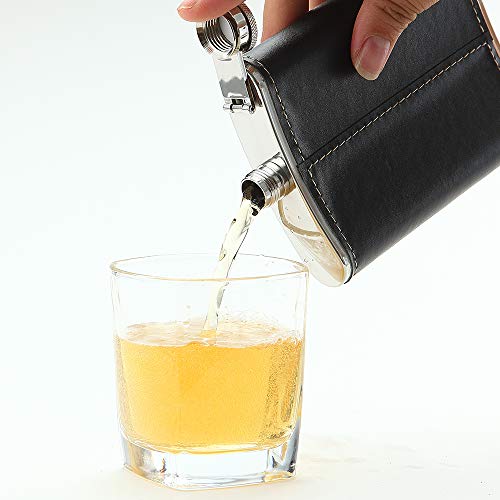 YWQ Stainless Steel American Flag Flask, Soft Touch Cover Liquor Flasks 8oz | Leak Proof Black PU Leather Heavy Duty Hip Set, Includes Funnel - Thumbnail 2