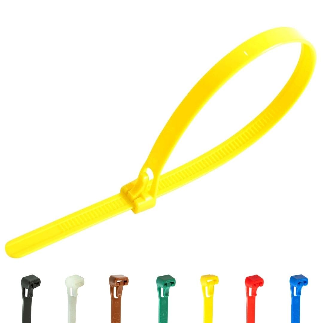 Gocableties 100 Pack of 250mm x 7.6mm Reusable Cable Ties, Heavy Duty Yellow Releasable Cable Ties, 10" Premium Tie Wraps, Strong Nylon Zip Ties