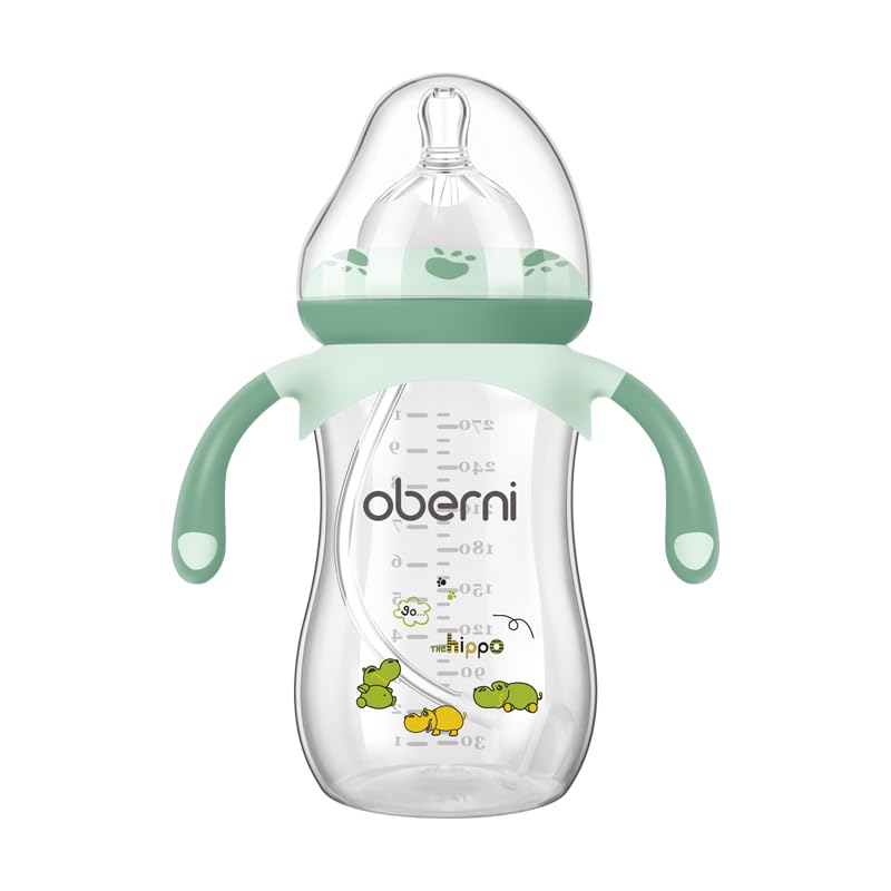 Oberni Anti-Colic Baby Bottle with Size 4 Breast-Like Teat, Non-Slip Handles, Weighted Straw for 12 Months Newborn Babies, 270ml/9oz/Green/1Pack