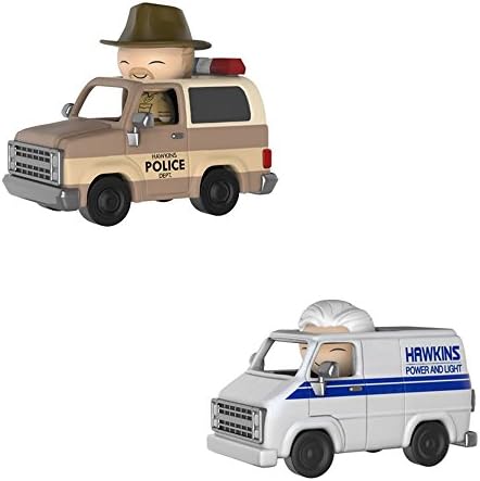 Stranger Things - Hopper with Sheriff Deputy, TruckBrenner with Hawkins Utility Van Dorbz Ridez Figures - Set of 2 and Keychain
