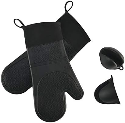 Silicone Oven Mitts, Heat Resistant to 446℉, 1 Pair of Long Non-Slip Waterproof Pot Holder & Grilling Gloves with 1 Pair of Mini Cooking Pinch Grips, Perfect for Cooking and Kitchen, BPA Free Balck