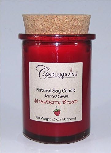 Strawberry Dream Scented Soy Candle, 100% Eco Friendly Soy Wax in Unique Red Glass Jar with Cork Lid