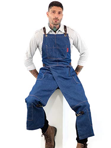 Under NY Sky Pottery Blue Apron – Full Cover Cross-Back, Durable Denim, Leather Reinforcement and Overlapping Split-Leg – Adjustable for Men and Women – Pro Pottery Artist, Mechanics - Thumbnail 7