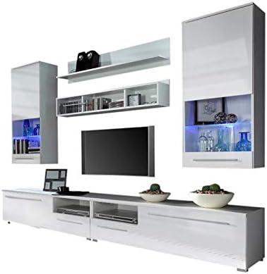 Domovero Kansas Wall Unit for any size TV/Contemporary Furniture for Living Room/Entertainment Center with multicolor LED lights system Color white & white