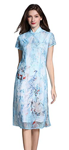 Shineflow Women's Vintage Short Sleeve Lotus Flowers Painting Print Qipao Cheongsam Midi Cocktail Dress