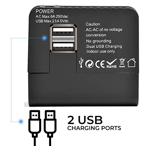 Travel Adapter, Universal Travel Adapter AC Power Plug Adapter with Dual USB Charging Interface for US UK, Europe Australia Asia, etc, Compatible with Mobile Phones and Laptops (Black)