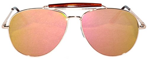 Aviator Flat Mirror Reflective Pink Lens Sunglasses Gold Metal Frame