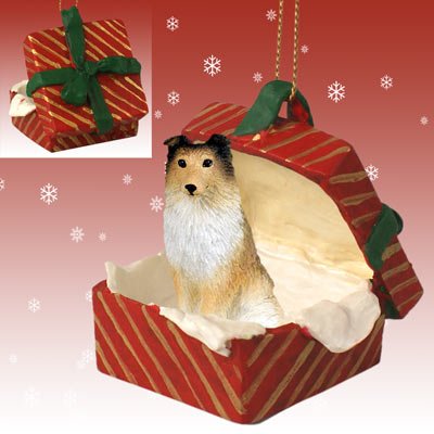 SHELTLAND SHEEPDOG Sheltie Dog SABLE n Red Gift Box Christmas Ornament Resin RGBD20A