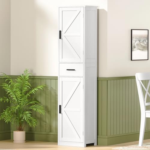 WEENFON 67" H Bathroom Storage Cabinet with 2 Doors & 1 Drawer, Tall Bathroom Cabinet with 6 Shelves, Narrow Bathroom Storage, for Bathroom, Living Room, Kitchen, White, 30×40×170CM