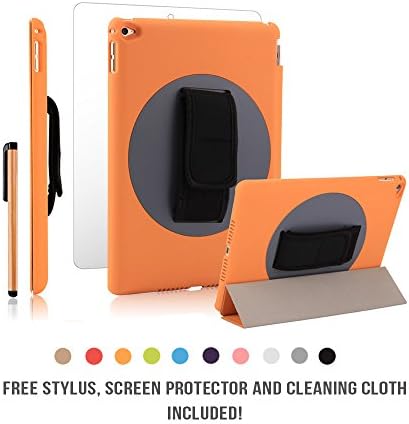 iPad Air 2 Case 360 Degree Handheld Rotating Case Adjustable Strap by JACKIT Back Cover and Front Smart Wake/Sleep Magnetic Cover FREE Stylus Screen Protector Cloth for Apple iPad Air 2 [Orange]