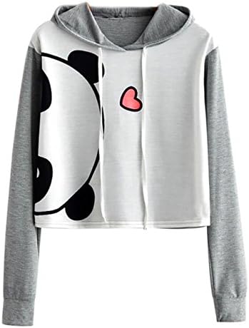 NarZhou Panda Crop Top Hoodie, Women Teen Girl Polyester Cute Panda Patchwork Pullover Top Sweatshirt (K-gray, L)