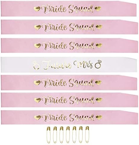 Bachelorette Party Sashes, Cooliya Future Mrs Sash and Bride Squad Sashes, Unique Bride Bridesmaid Sashes with 7 Safety Gold Pins for Bachelorette Party (White&Pink, 7 Pack)