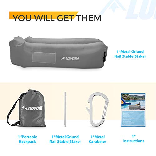 ludtom Inflatable Lounger Air Sofa Hammock, 440 lb Portable and Waterproof Ideal Inflatable Pouch Couch for Camping Gear and Accessories for Outdoors Pool Backyard Traveling Gray