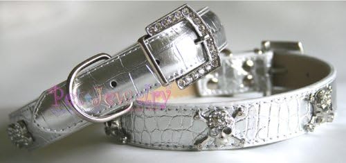 Pet Jewelry Dog Collar and Leash Set - 12-inch Swarovski Crystal Skull Dog Collars & Leash Set (Silver)