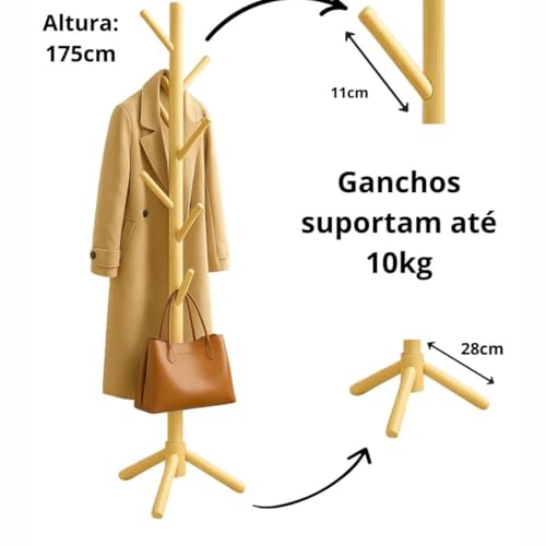 Cabideiro de Chão em Madeira 175 cm de Altura 8 Ganchos Mancebo Cabideiro Arara de Madeira Polida Ecológica e Vertical Desmontável e Leve Ideal para Pendurar Roupas e Acessórios Premium