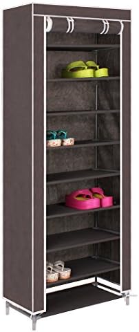ASSICA 10 Tiers Strong Metal Frame Shoes/Toys Rack Space Saving Shoe Tower Cabinet Storage Organizer Holds 30 Pairs of Shoes Portable Assemble Free Standing Non-woven Fabric (grey)