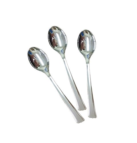 96 Mini Silver Plastic Spoons, 4.5 Inches, No After Tastes, Silver Color Is Consistent, Disposable Silver Flatware. Perfect For Desserts And Appetizers. By Premium Disposables.