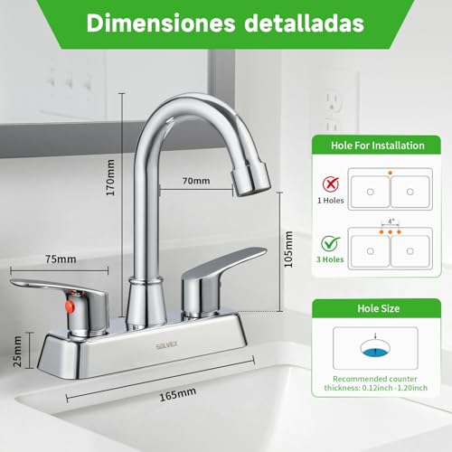 SOLVEX Mezcladora para Lavabo de Baño, Grifo para de Baño, Llaves para Lavabo Baño, 2 Manijas para Grifo de Lavabo, Llave Mezcladora para Baño, Cuerpo de Latón, Cromado, SP-40067
