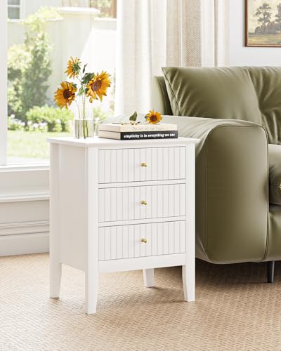HEYZOEY Bedside Table with 3 Drawers, Vintage Bedside Cabinet, Wooden Side Table with Storage, Retro End Table for Bedroom, Living Room and Home Office(white, 17.8 x 13.3 x 24 in)