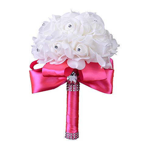 Wedding Bouquet, Silk Rose Wedding Bride Bouquet,Crystal Pearl Silk Peony Bridesmaid Hand Bouquet Artificial Fake Flowers for Wedding Party Church Home Garden Balcony Floral Decoration (Hot Pink)