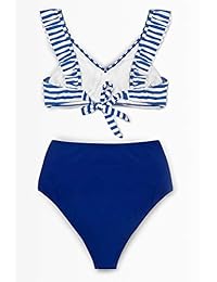 Bikini de cintura alta con volantes para dama, diseño de rayas, color azul