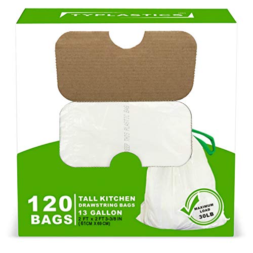 TYPLASTICS Tall Kitchen Trash Bags - Drawstring 13 Gallon Trash Bag - 120 Count - White