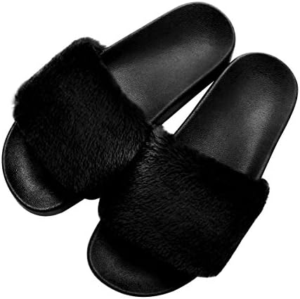 Womens Faux Fur Flat Slide Sandals Fluffy Open Toe Slipper Soft Cozy Plush Indoor Slip on Shoes