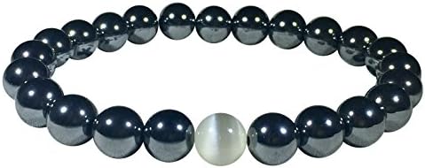 Beaded Bracelet - Unisex-Semi-Precious Grey Hematite Stones- White Cat Eye Bead(8mm) Wrap Stretch Charm Bracelets - Protection Energy Healing- Handmade -