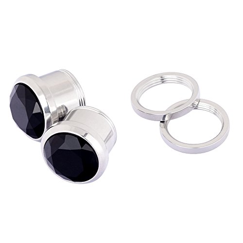 Longbeauty Pair Stainless Steel Black Cubic Zirconia Screw Stretcher Plugs 1/2"