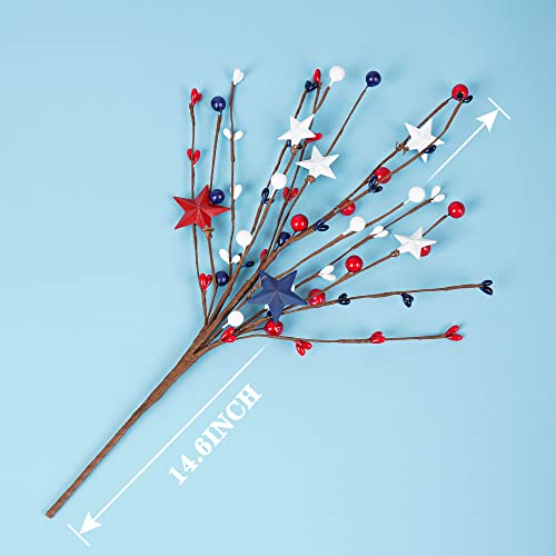 Shitailu 4 Pack Patriotic Artificial Berry Stem Picks White Blue Red Stars for 4th of July Independence Day, Pentagram Faux Berry Branches Decoration for Home Office Restaurant Vase Décor