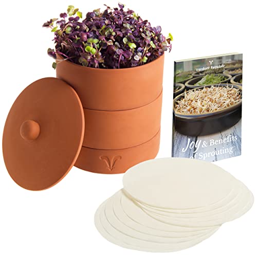 Verdant Republic Clay Sprouter Kit | Terracotta Tower with 2 Tall Germinating Trays, Paper Discs & Free E-Book | 2 in 1 Sprouting Trays Ideal for Germinating Sprouts and Microgreens