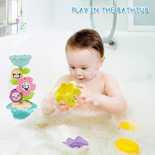 Lydaz Bath Toys Set, Kids Flower Waterfall Water Station, Stacking Cups Watering Can Plus Bath Toy Organizer, 6 PCs Bathtub Bathtime Toys Baby Toddlers
