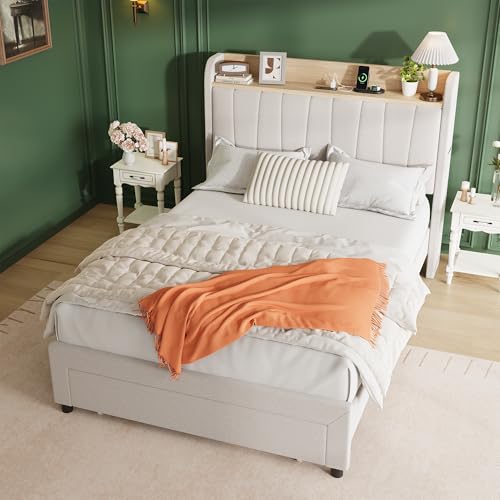 Twin Size Upholstered Bed Frame with Storage Headboard and Charging Station, Platform Bed Frame with Metal Drawers, Heavy Duty, No Box Spring Needed, Easy Assembly, Beige