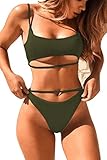 QINSEN Bikini Swimsuit Women Sexy Scoop Neck Spaghetti Cutout Straps Brazilian Style Two Pieces Swim Outfit Army Green S