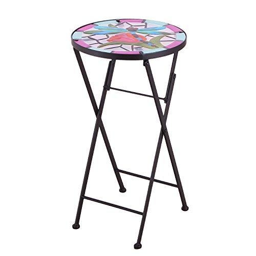 Adeco Round Side Table Plant Stand Flower Holder Accents Serving Snack Tea, Embossed Artistic Pattern Glass Top, Foldable