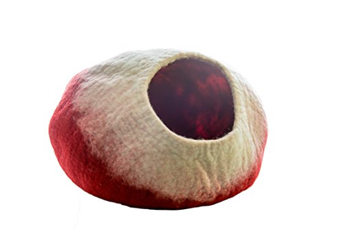 Eco friendly Premium Felted Cat Cave (Large) - All-Natural 100% Merino Wool - Handmade Indoor Cat House - Soft, Comfortable Cat Bed - Ideal for Kittens & Large Cats (Red / White)