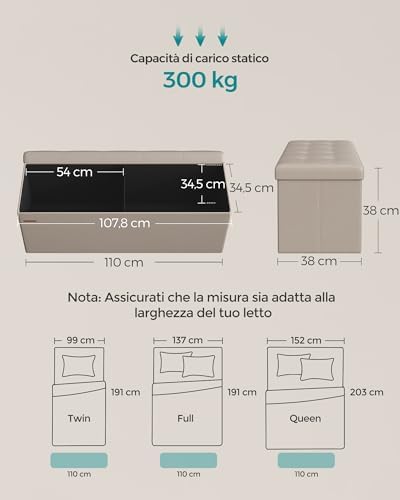 Cassapanca, Pouf Contenitore, Poggiapiedi Pieghevole da 38 x 110 x 38 cm, Ottomano, Regge fino a 300 kg, per Soggiorno, Camera da Letto, Entrata, Marrone Cammello LSF070K03